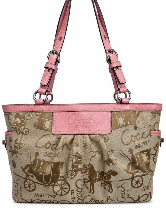 Coach Handbags - Coach Horse & Carriage Pleated Gallery Tote Pink Leather Khaki Y2K Shoulder Bag